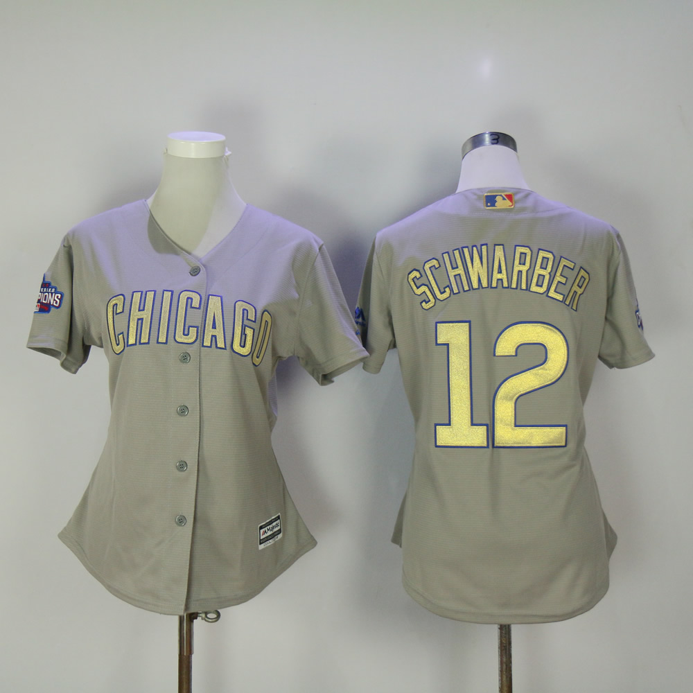 Women Chicago Cubs 12 Schwarber Grey Champion MLB Jerseys